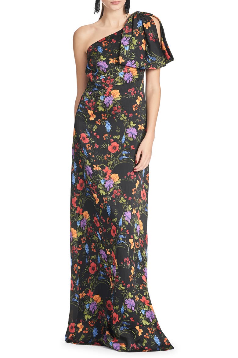 Chelsea Floral One-Shoulder Crinkle Georgette Gown, Main, color, NOIR WILDFLOWER