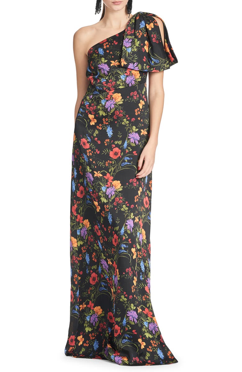 Sachin & Babi Chelsea Floral One-Shoulder Crinkle Georgette Gown, Main, color,