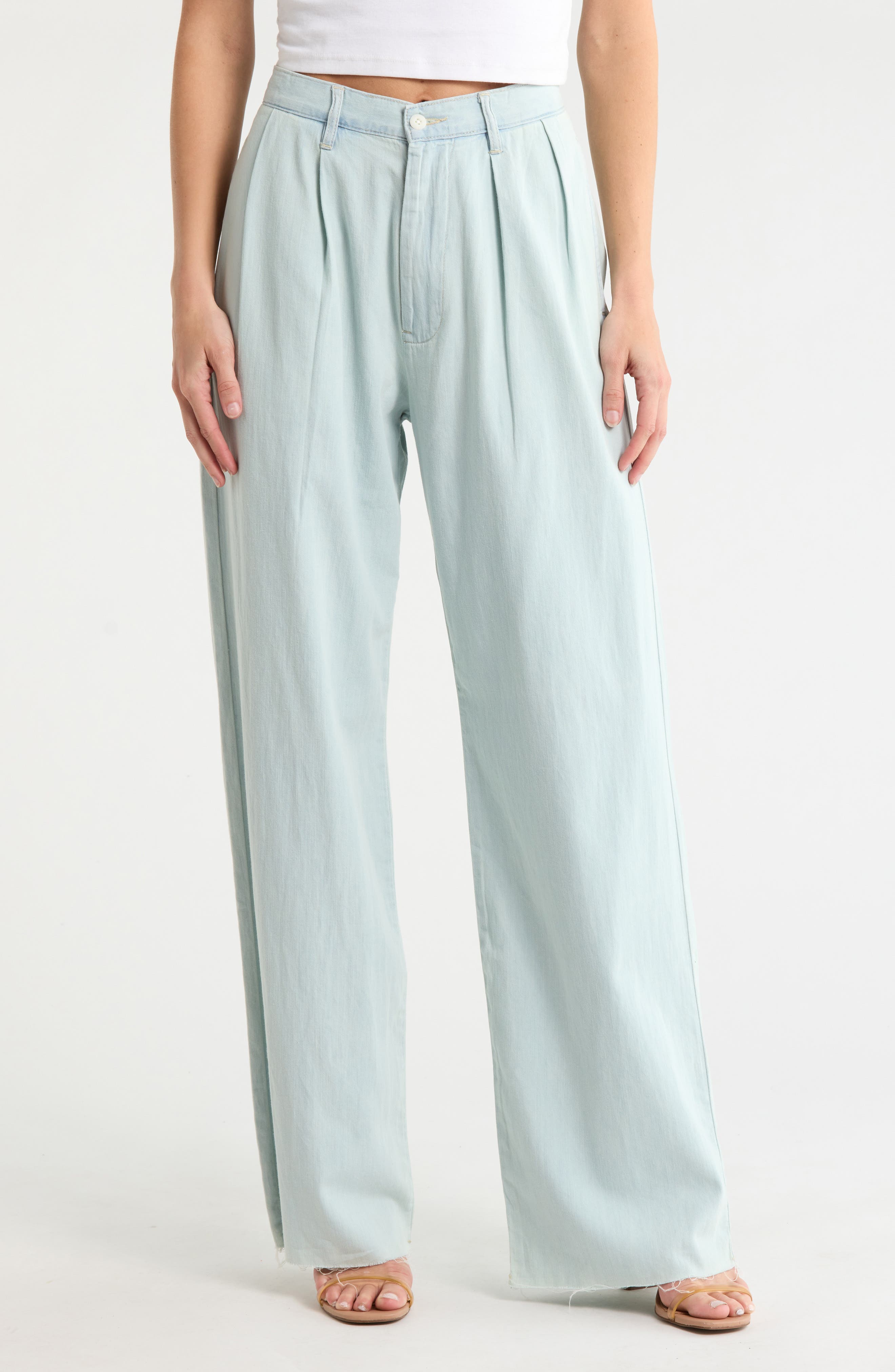 DENIMIST Blaire Double Pleated Raw Hem Wide Leg Pants