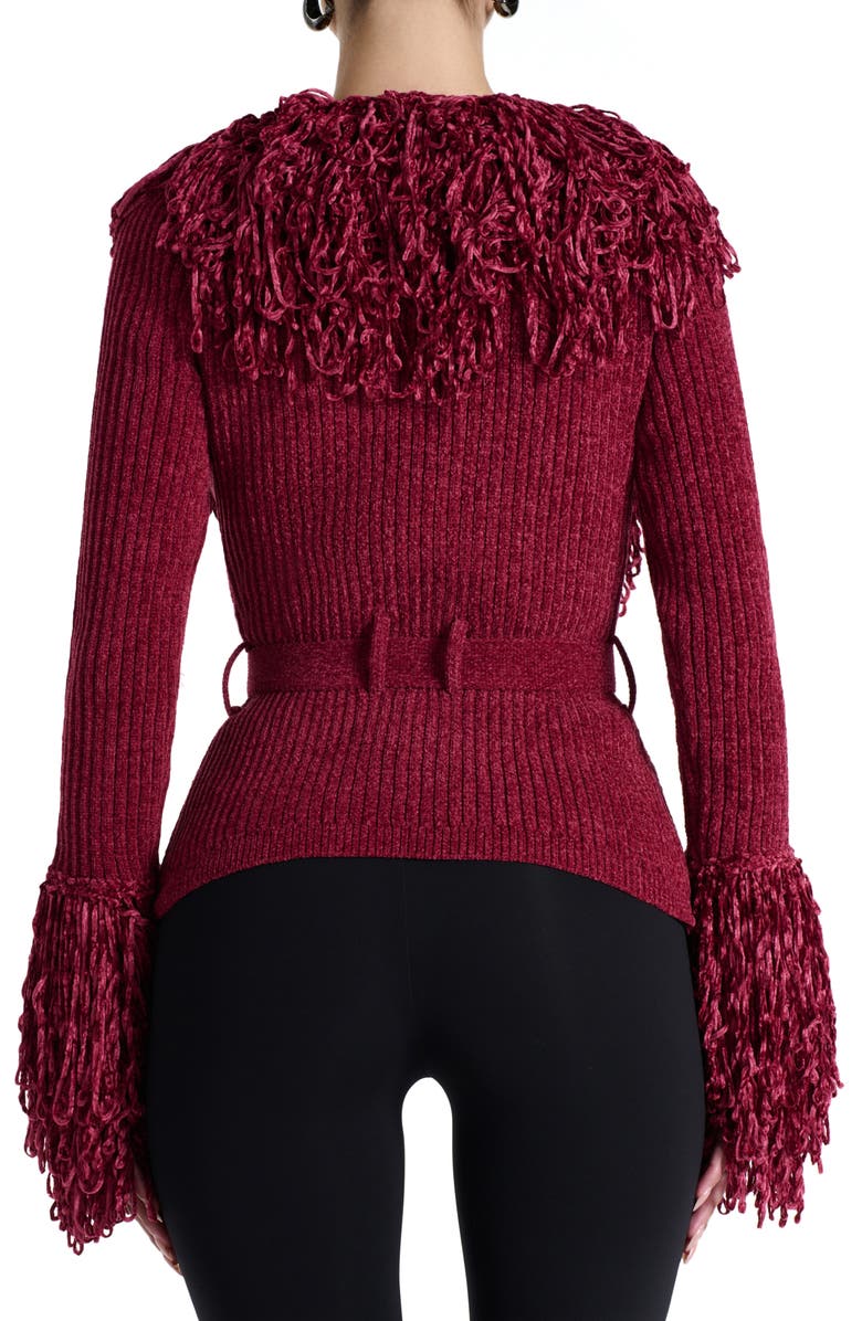 Naked Wardrobe Fringe Tie Waist Chenille Cardigan, Alternate, color, Currant