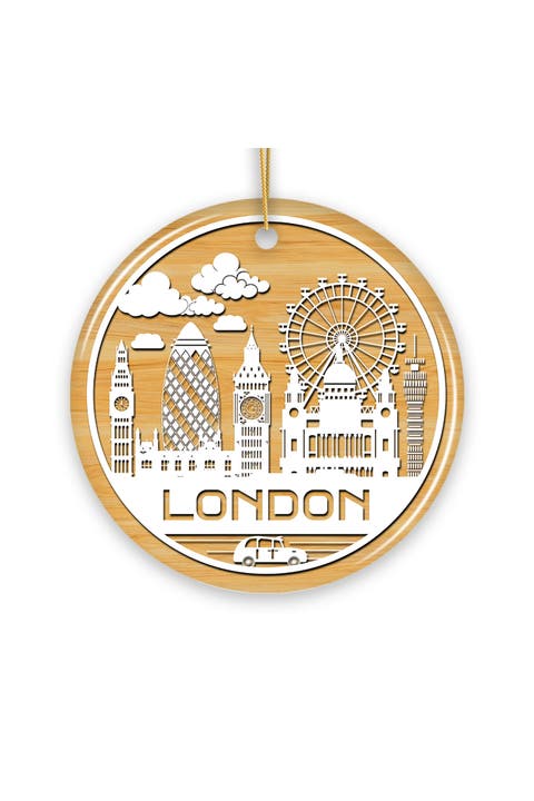 London Skyline Paper Art Round Ceramic Ornament