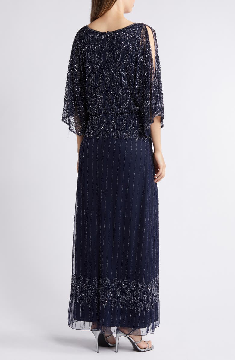 Pisarro Nights Beaded Blouson Split Sleeve Gown, Alternate, color, Navy
