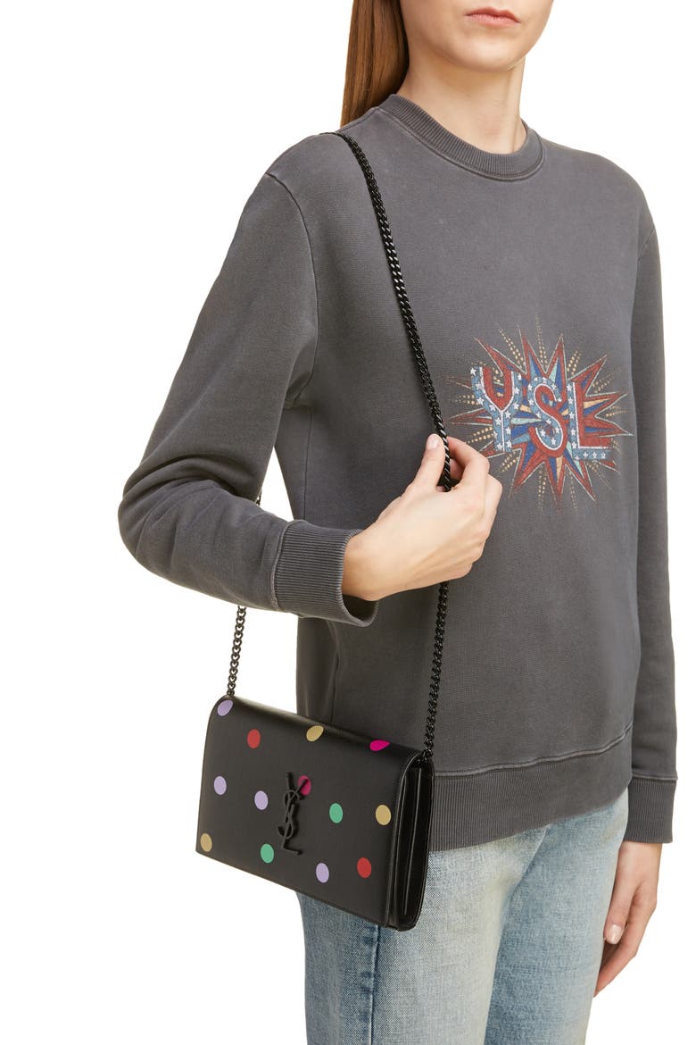 Confetti Print Leather Wallet on a Chain, Alternate, color, NOIR/ MULTI
