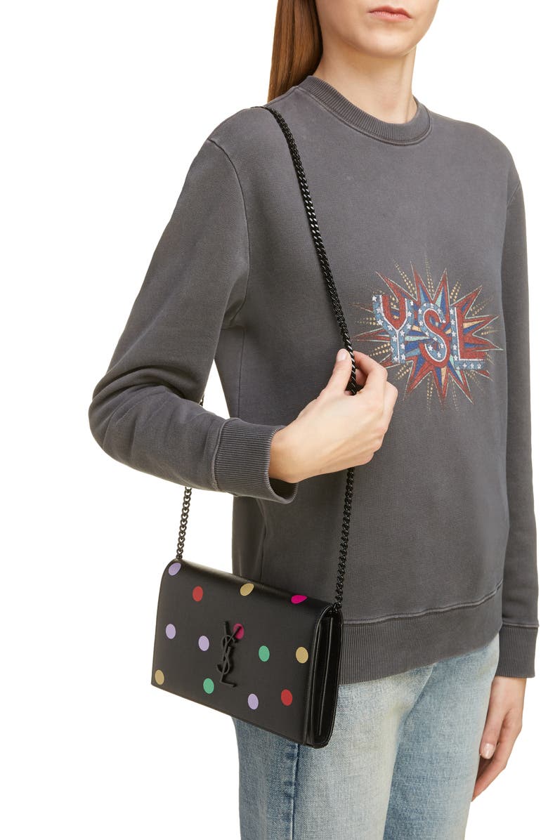 Saint Laurent Confetti Print Leather Wallet on a Chain, Alternate, color,