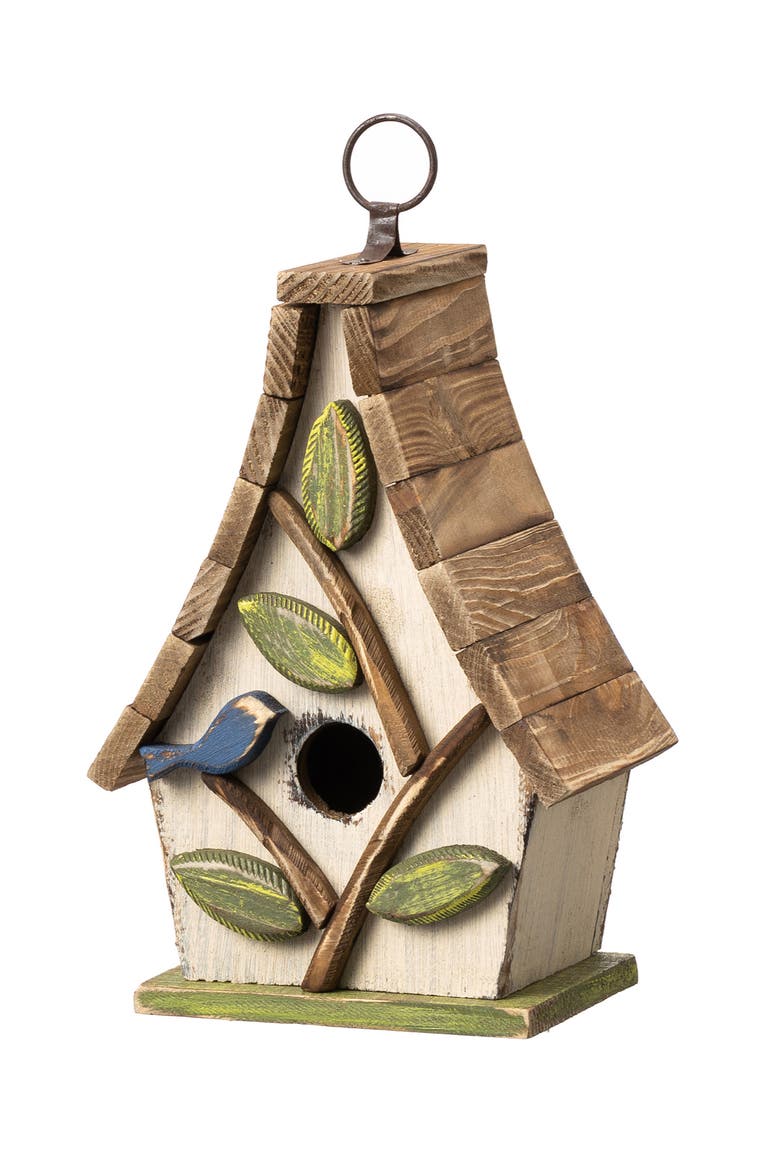 9.5"H Distressed Solid Wood Birdhouse with 3D Leaves, Alternate, color, White