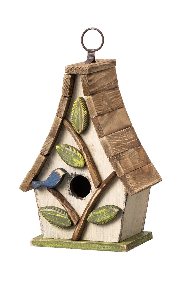 Glitzhome 9.5"H Distressed Solid Wood Birdhouse with 3D Leaves, Alternate, color, White