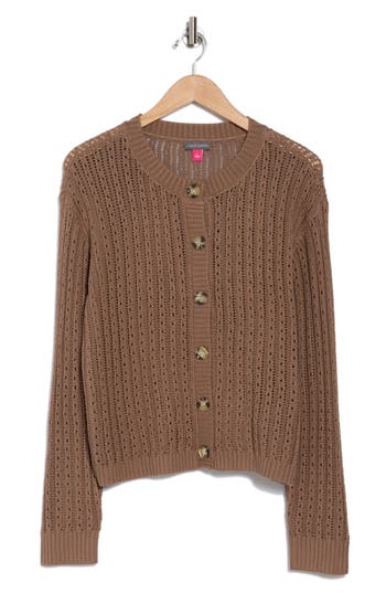 Vince Camuto Pointelle Stitch Cardigan In Cool Brown
