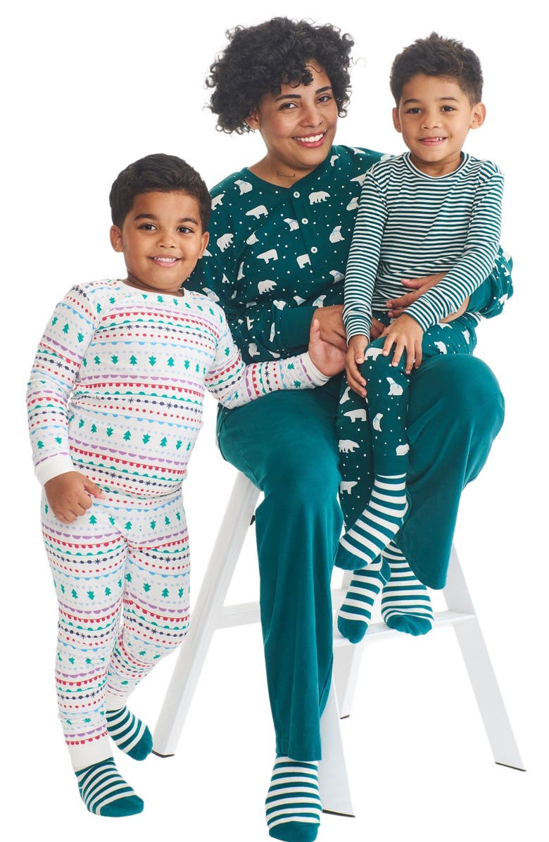 Primary Adult Organic Long Sleeve Henley Pj Top in Holiday Animal Friends, Alternate, color, 