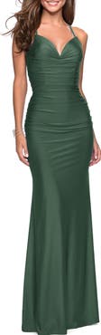 La Femme Form Fitting Jersey Dress with Ruching and Strappy Back