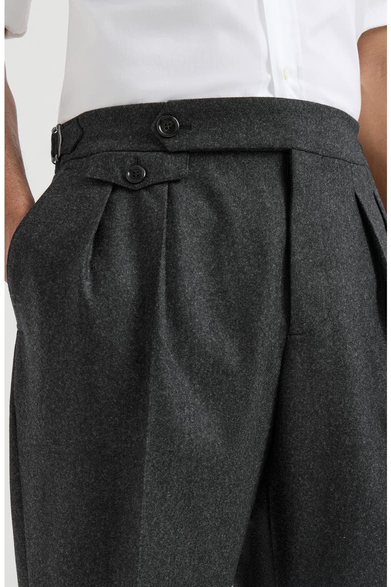 Virgin wool flannel trousers in twisted cotton gabardine with double pleats and waist tabs, Alternate, color, Lignite