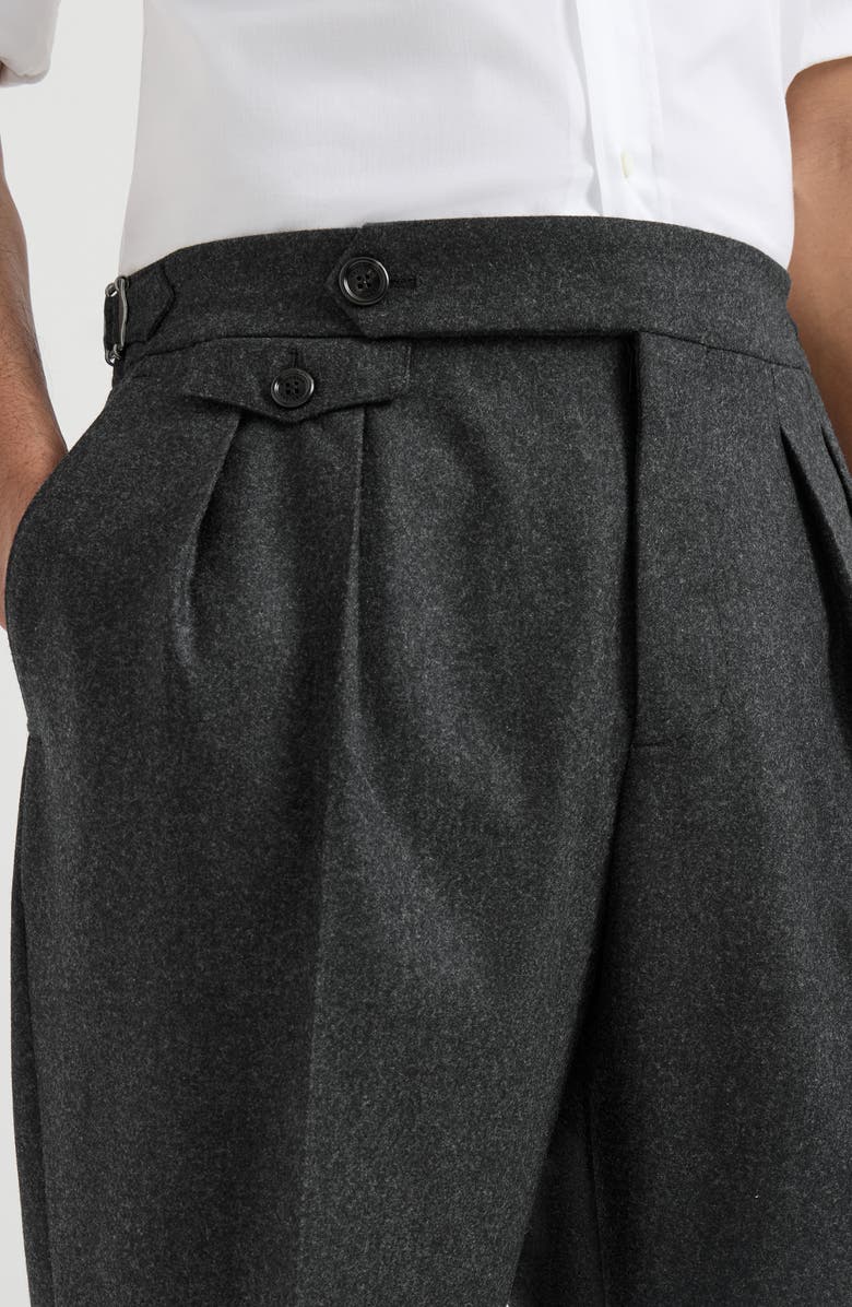 Brunello Cucinelli Virgin wool flannel trousers in twisted cotton gabardine with double pleats and waist tabs, Alternate, color, Lignite