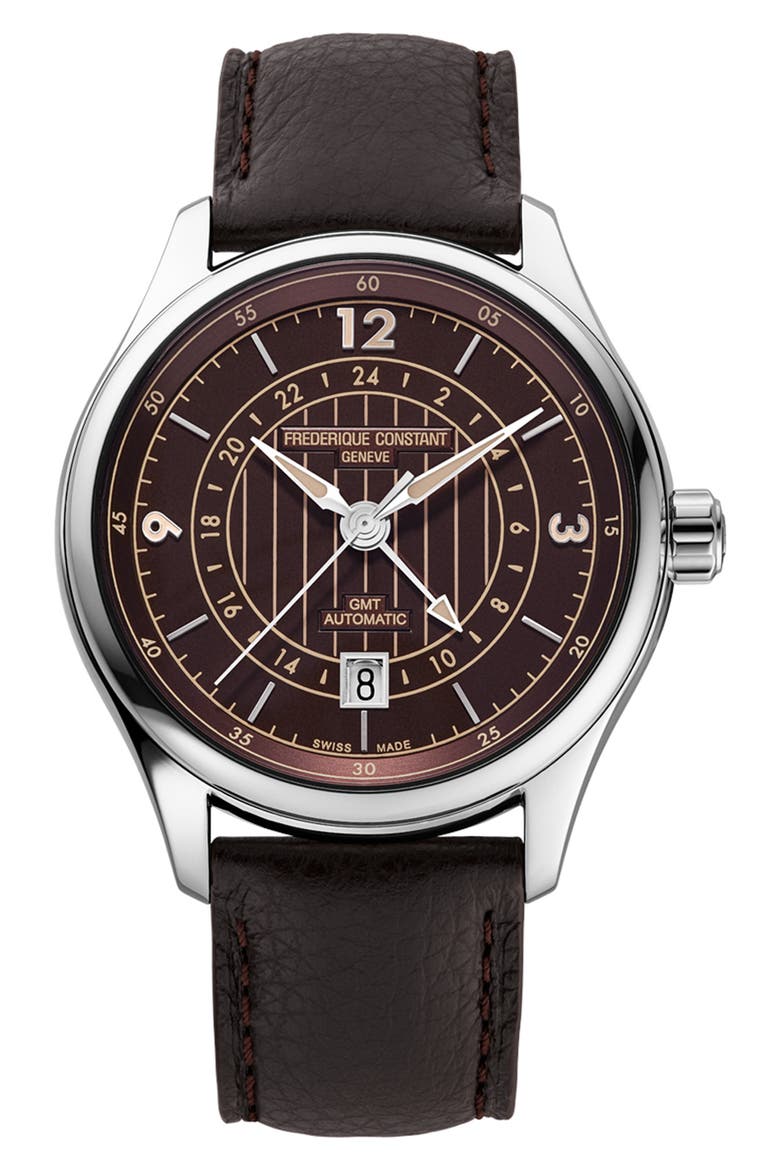 Runabout GMT Automatic Leather Strap Watch, 42mm, Main, color, SILVER-TONE