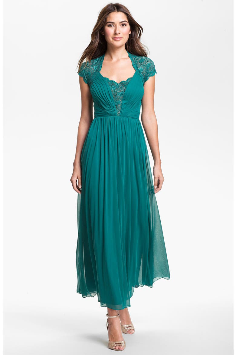 Pleated Lace & Mesh Gown, Main, color, EMERALD FROST