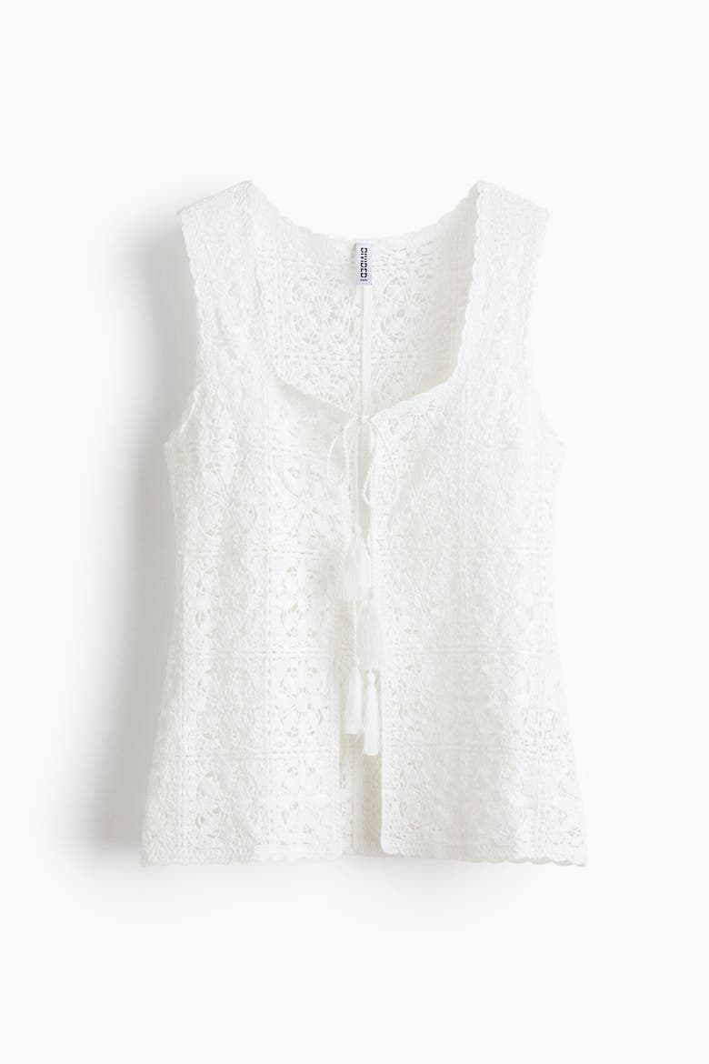 Tie-front Pointelle-knit Top, Alternate, color, Cream