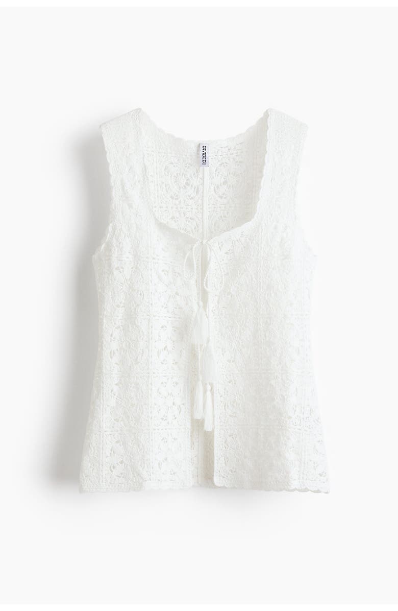 H&M Tie-front Pointelle-knit Top, Alternate, color, Cream