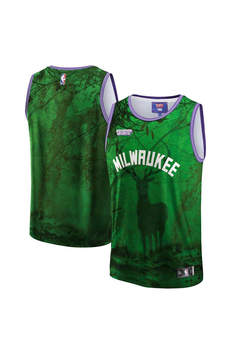 NBA X KIDSUPER Unisex NBA & KidSuper Studios by Fanatics Green Milwaukee Bucks Hometown Jersey, Main, color, Green