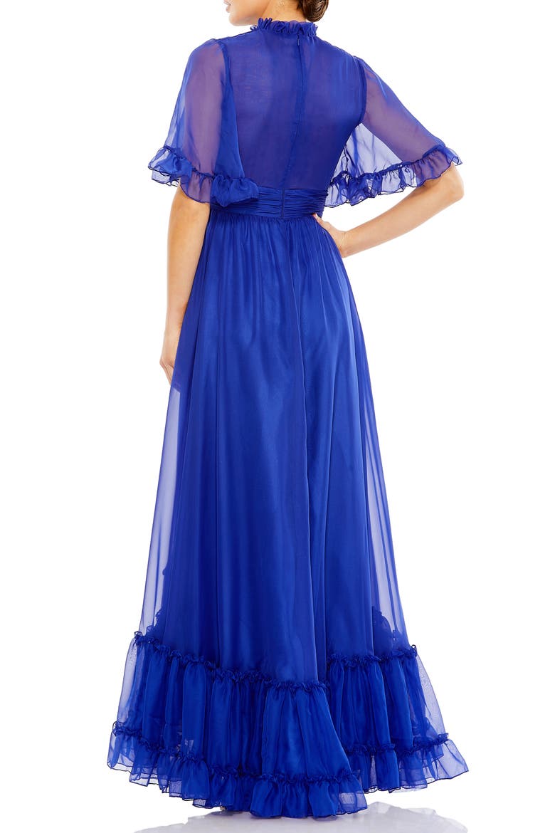 Ruffled High Neck Flutter Sleeve High Low Hem Gown, Alternate, color, SAPPHIRE