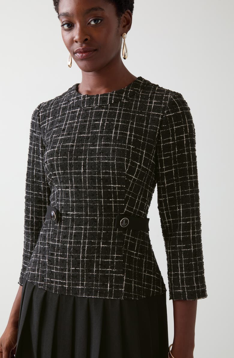 LK Bennett Maxine Metallic Tweed Pleated Dress, Alternate, color, Black Ivory