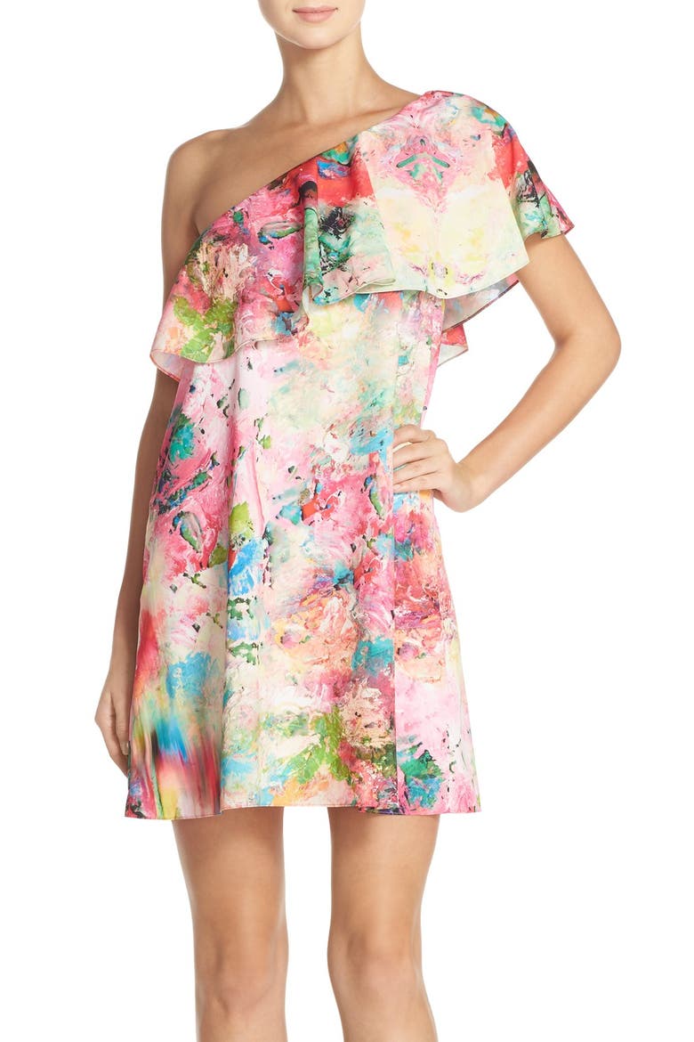 'Zoe' Floral Print One Shoulder Dress, Main, color, GARDENIA