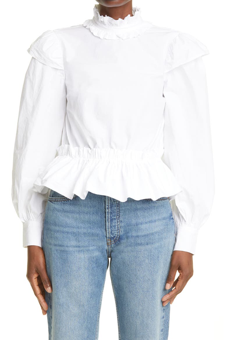 Ruffle Long Sleeve Organic Cotton Blouse, Main, color, BRIGHT WHITE