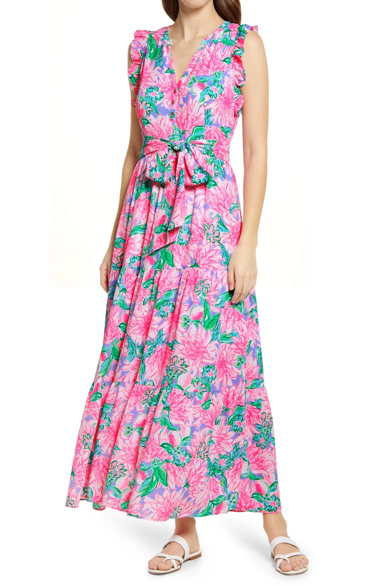 Destini Tie Waist Maxi Dress, Main, color, PINK BLOSSOM TRY YOUR ZEST