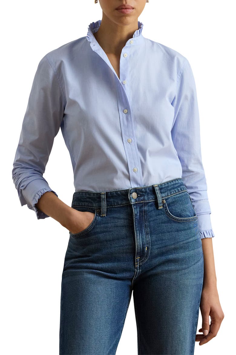 Ruffle Trim Cotton End-on-End Button-Up Shirt, Main, color, LIGHT SKY BLUE