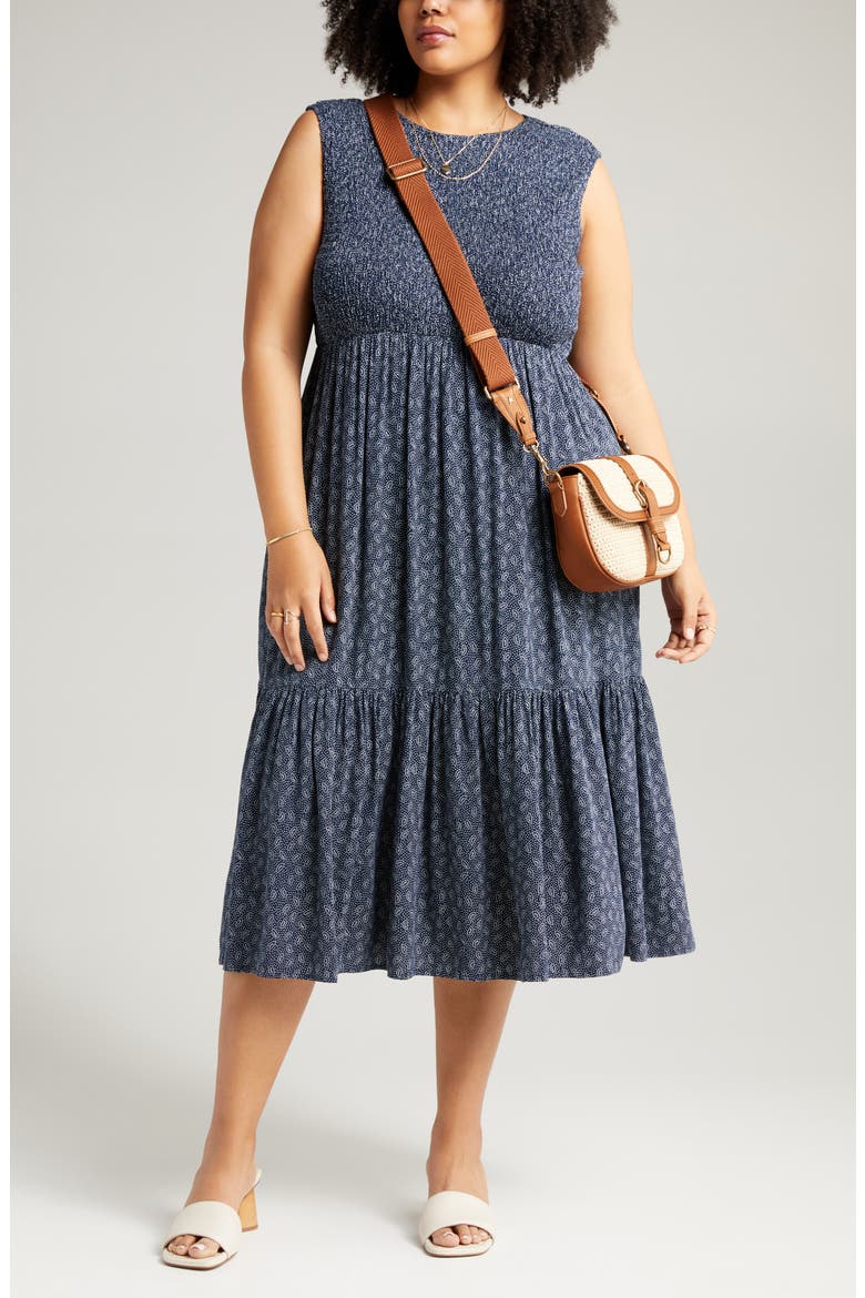 Smocked Sleeveless Midi Dress, Main, color, NAVY BLAZER PARIS DOT