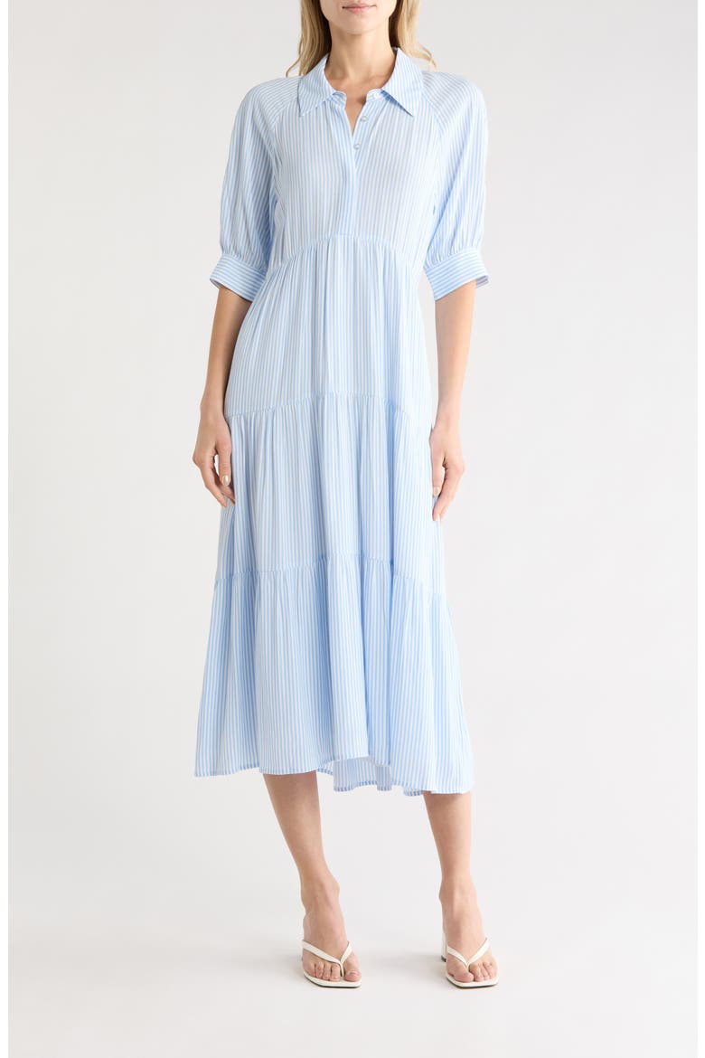 Tiered Midi Shirtdress, Main, color, WHITE BLUE STRIPE