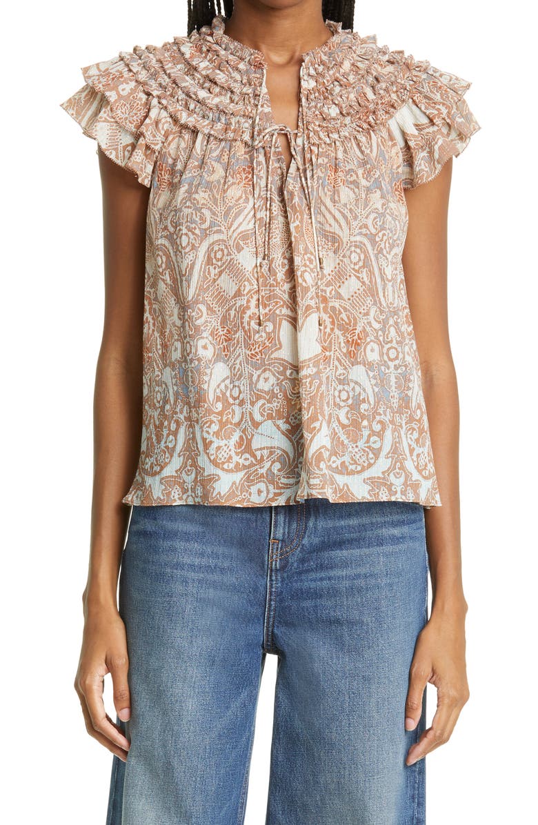Ulla Johnson Signe Metallic Layered Ruffle Top, Main, color,