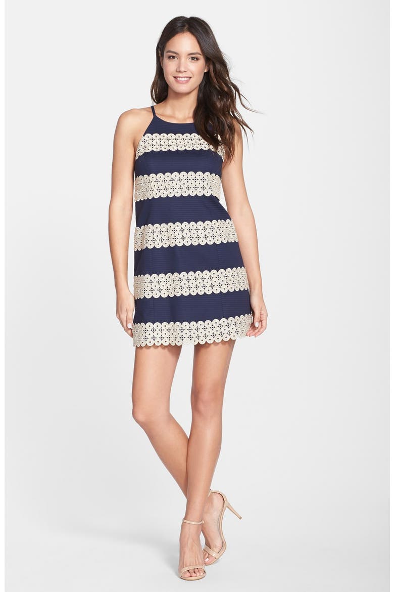 'Annabelle' Lace Appliqué Shift Dress, Alternate, color, NAVY
