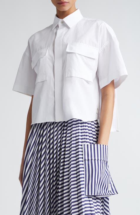 Asymmetric pleated poplin shirt - white - 1