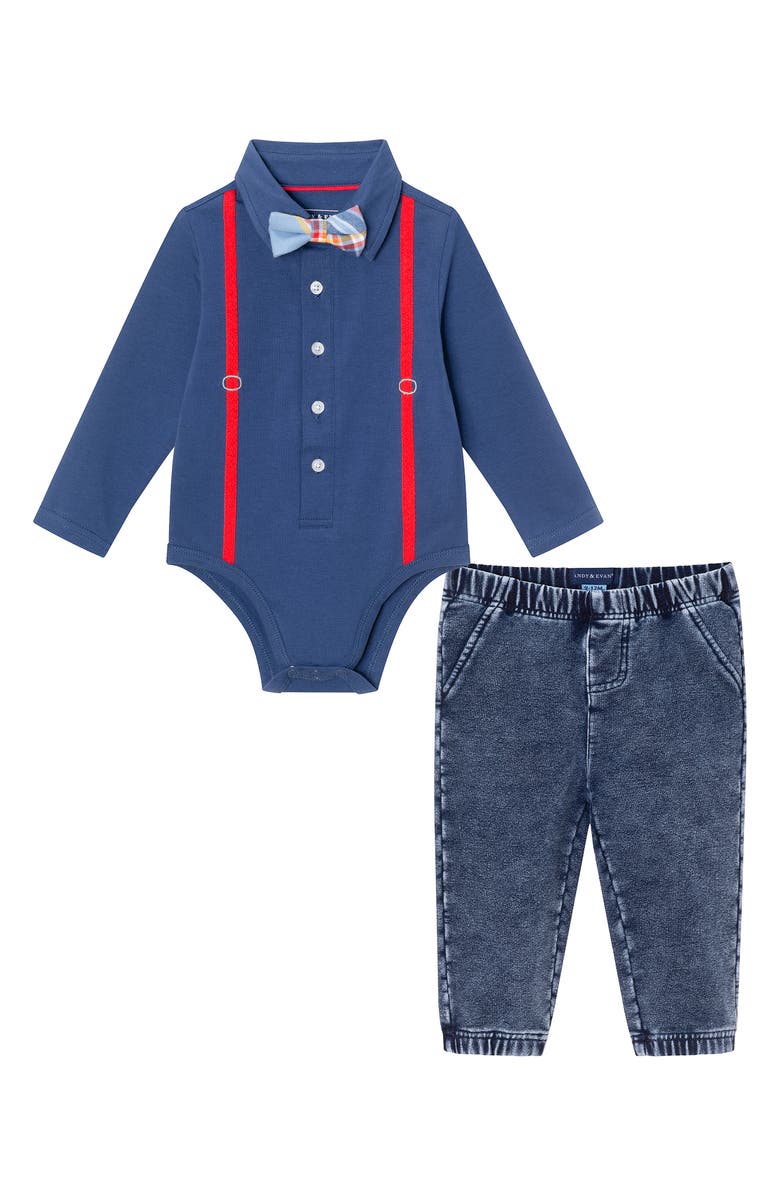 Andy & Evan Button-Up Bodysuit, Pants & Bow Tie Set, Main, color, Navy Denim