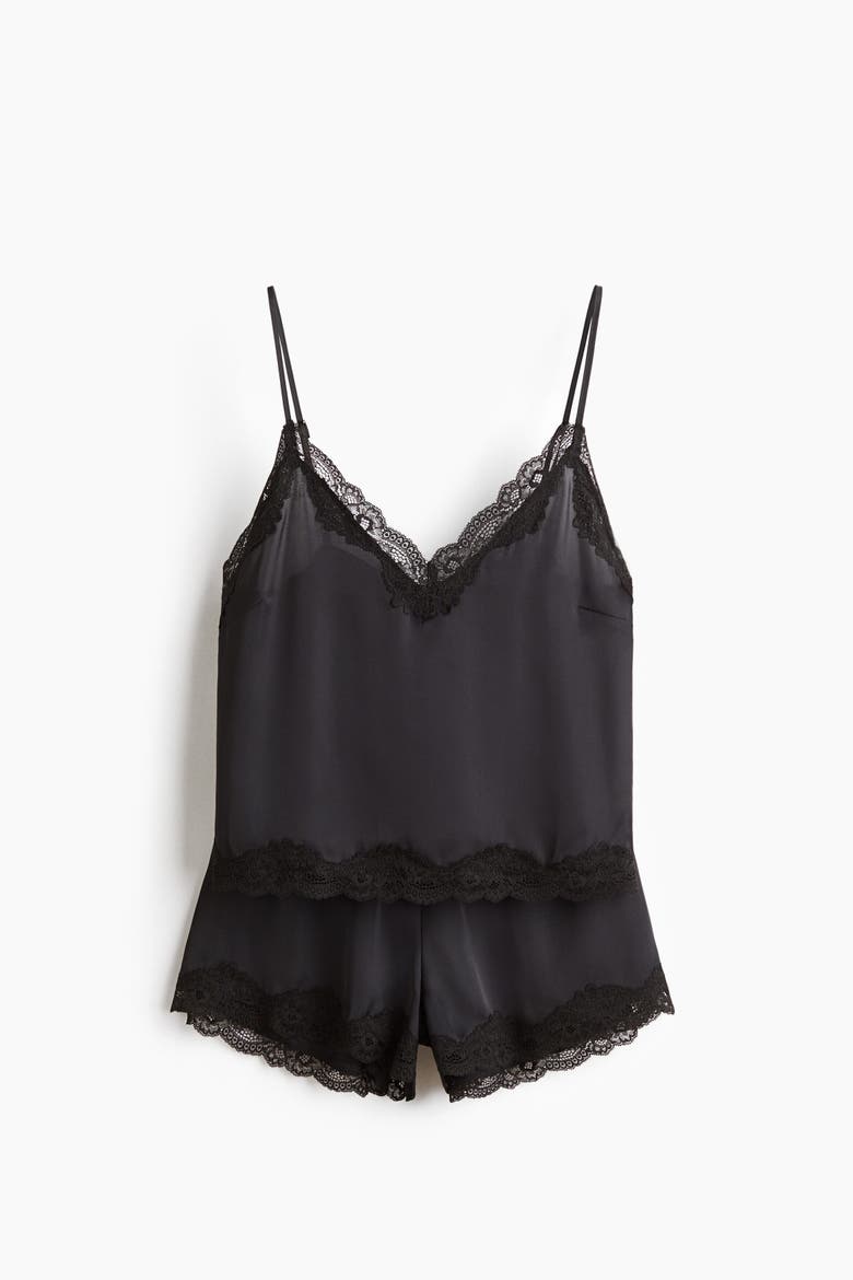 Lace-trimmed Satin Pyjamas, Alternate, color, Black