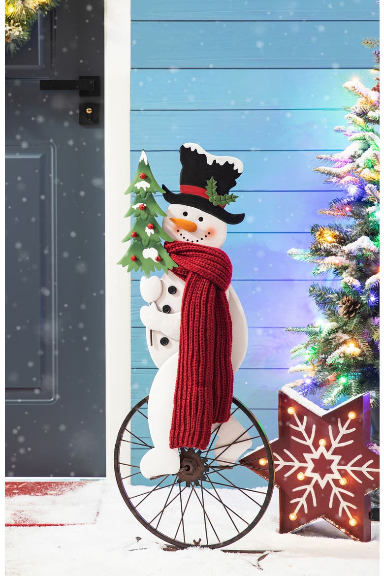 Metal Bike Wheel Snowman Porch Decor, Alternate, color, Green