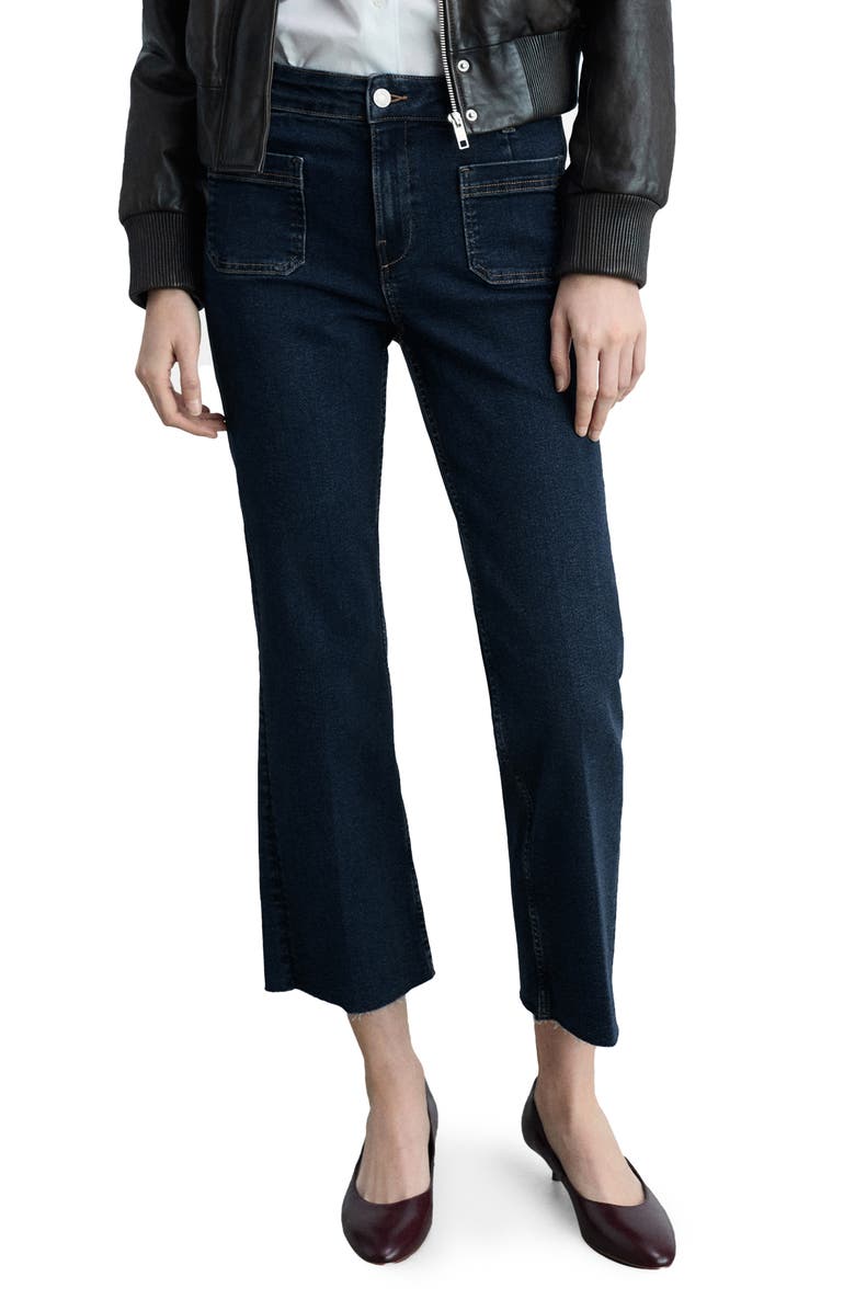 MANGO Alex Raw Hem Patch Pocket Crop Flare Jeans, Main, color, Dark Blue