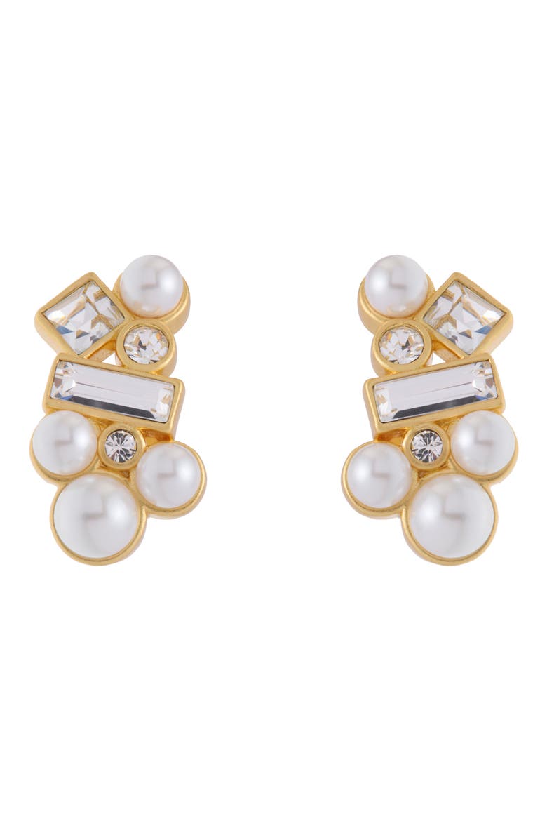 Mae Zoroya Faux Pearl & Crystal Stud Earrings, Alternate, color, GOLD TONE / PEARL / CLEAR
