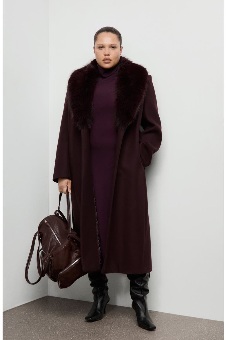 Manteco Belted Longline Trench Coat with Removable Faux Fur Collar, Alternate, color, MAROON