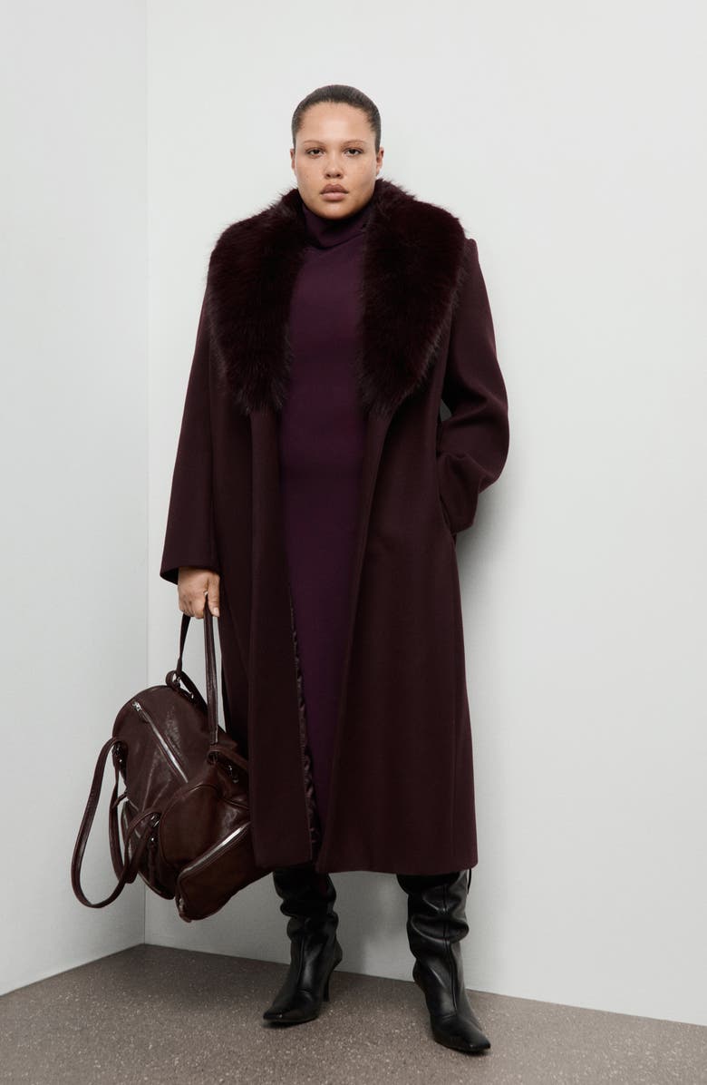 MANGO Manteco Belted Longline Trench Coat with Removable Faux Fur Collar, Alternate, color, Maroon