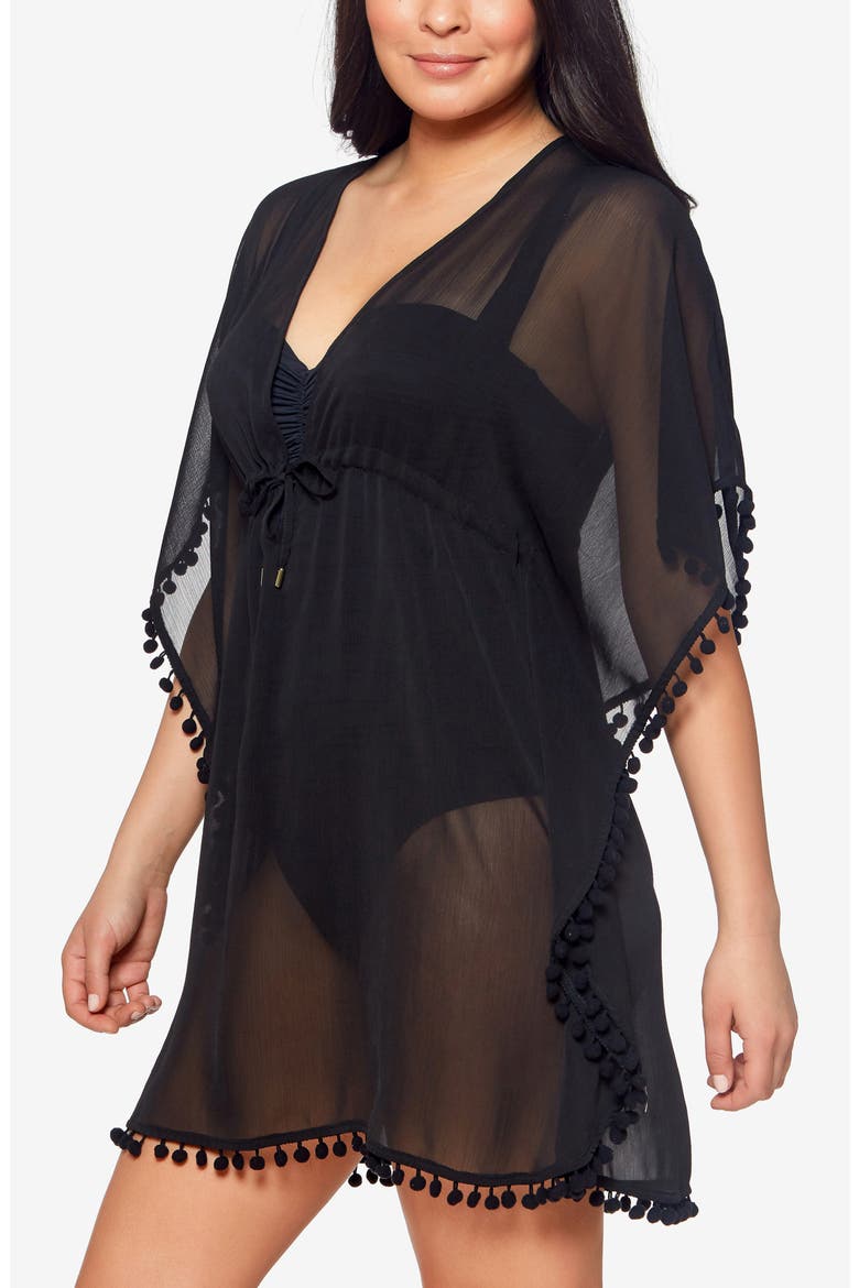 Gypset Pompom Sheer Cover-Up Caftan, Alternate, color, BLACK