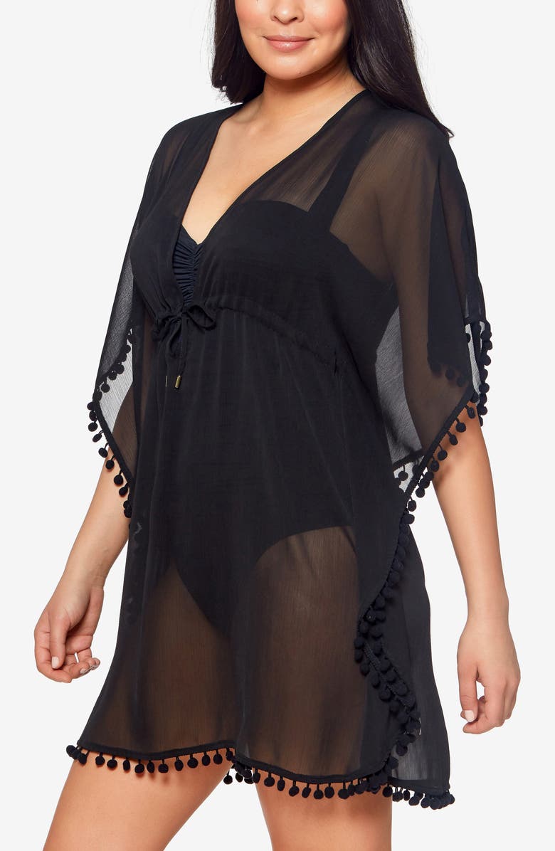 BLEU by Rod Beattie Gypset Pompom Sheer Cover-Up Caftan, Alternate, color, Black