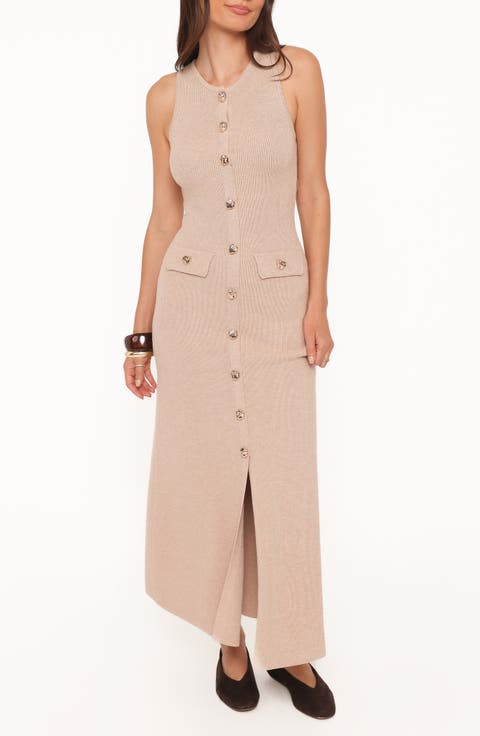 Sleeveless Rib Button-Up Sweater Midi Dress