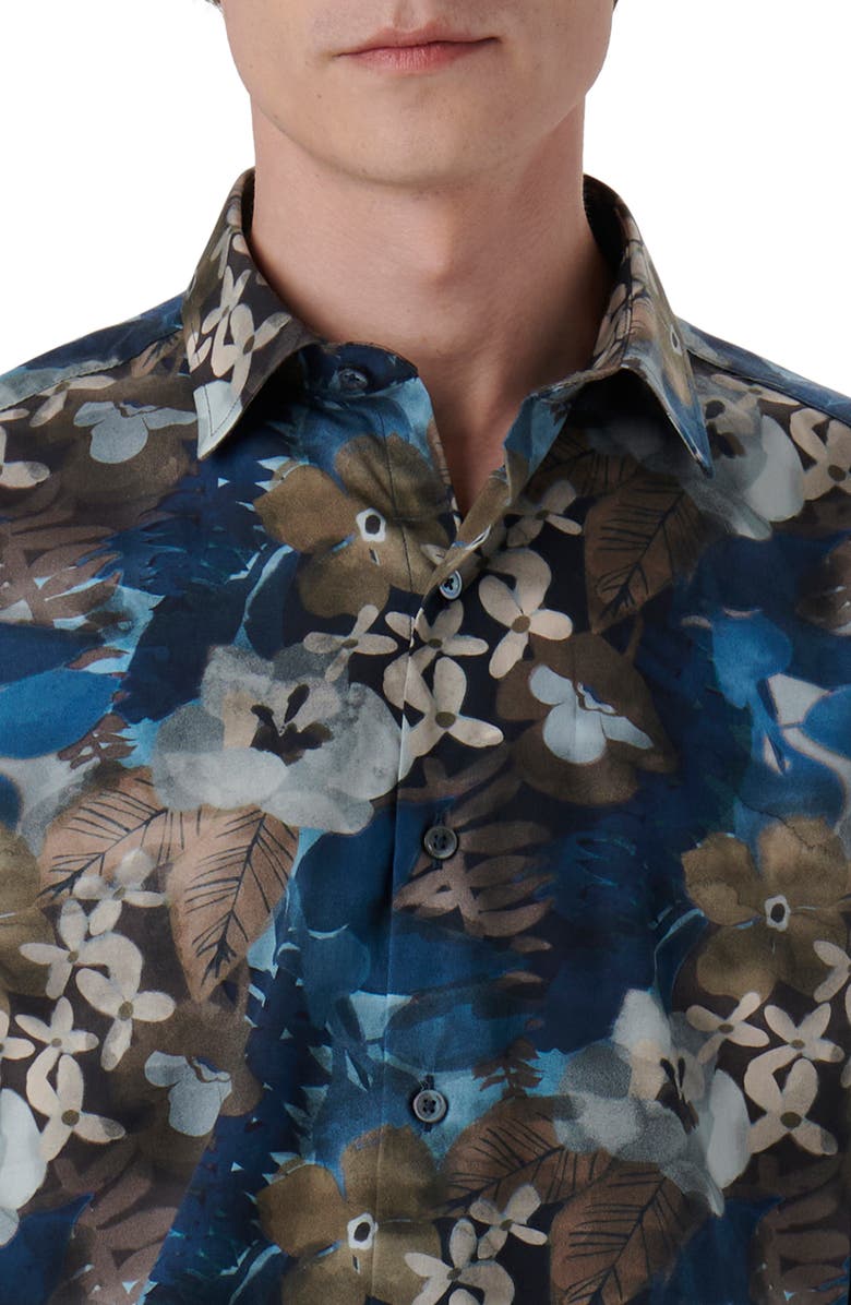 Bugatchi Julian Shaped Fit Watercolor Floral Print Stretch Cotton Button-Up Shirt, Alternate, color, 