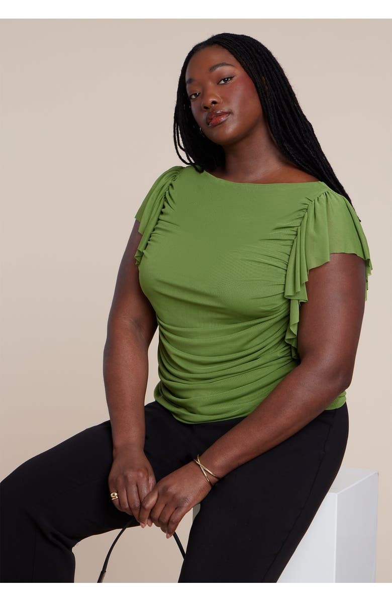 ELOQUII Shirred Mesh Top With Shoulder Flounces, Main, color, Oasis