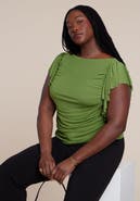 ELOQUII Shirred Mesh Top With Shoulder Flounces