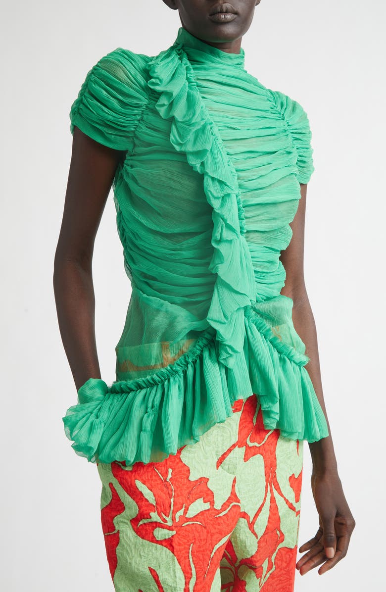 Dries Van Noten Washed Mousseline Silk Ruffle Top, Alternate, color, Green