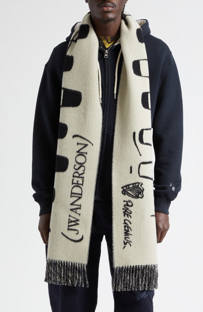 JW Anderson x Guinness Smooth Tempo Virgin Wool & Cashmere Fringe Scarf, Alternate, color, Cream/ Black