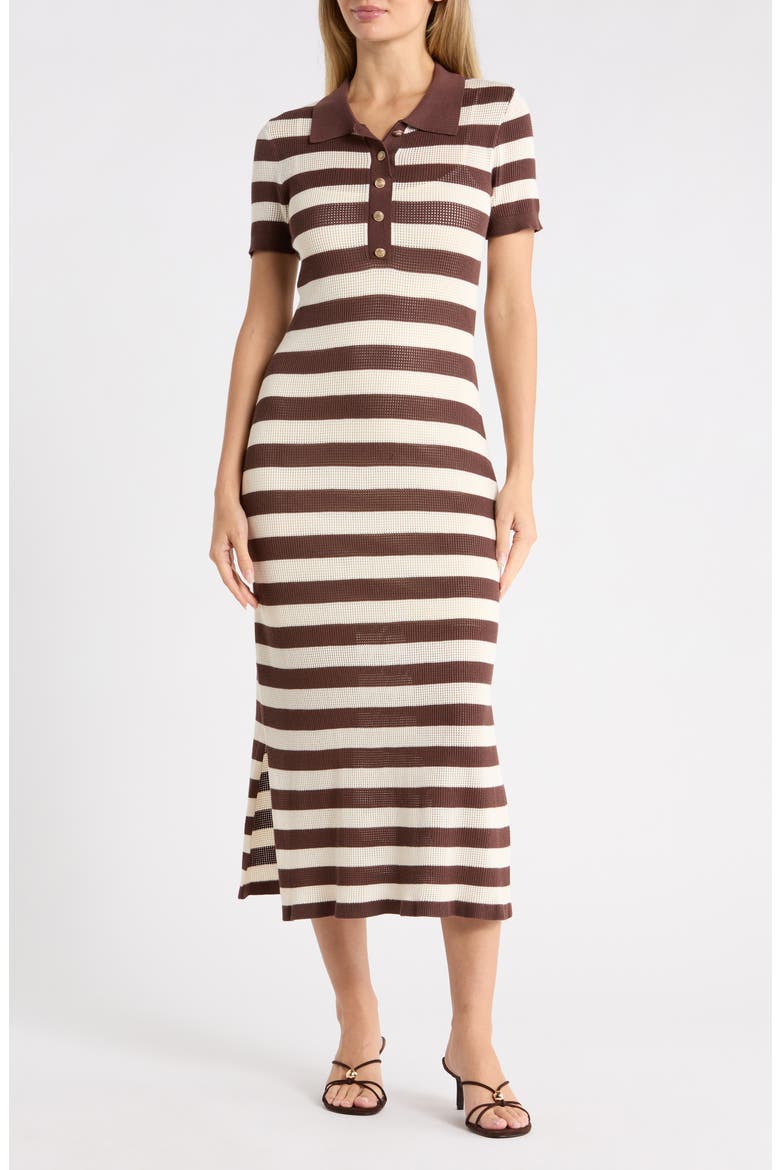 Stripe Short Sleeve Polo Midi Dress, Main, color, CREAM/ COCOA BEAN