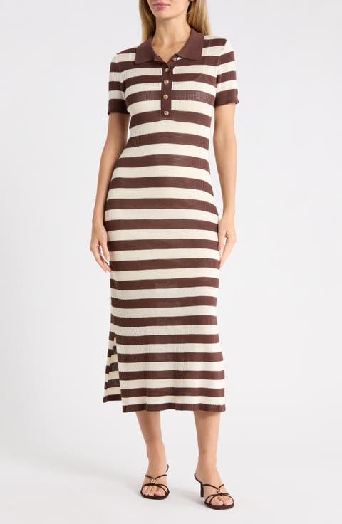 Stripe Short Sleeve Polo Midi Dress