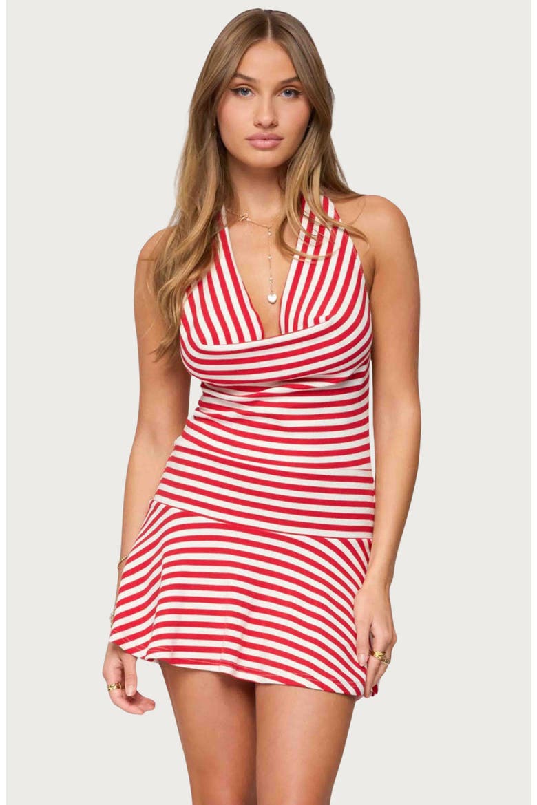 Stripe Cowl Neck Halter Minidress, Alternate, color, RED-AND-WHITE