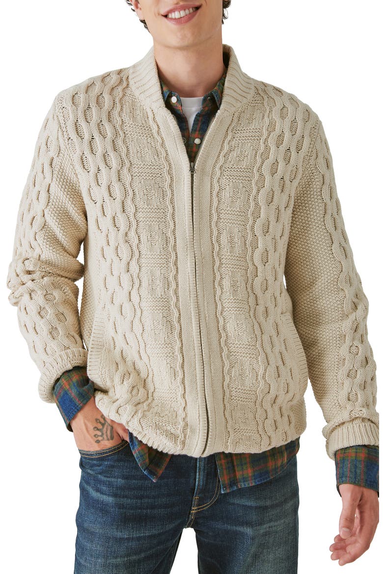 Cable Stitch Cotton Blend Zip-Up Cardigan, Main, color, CREAM